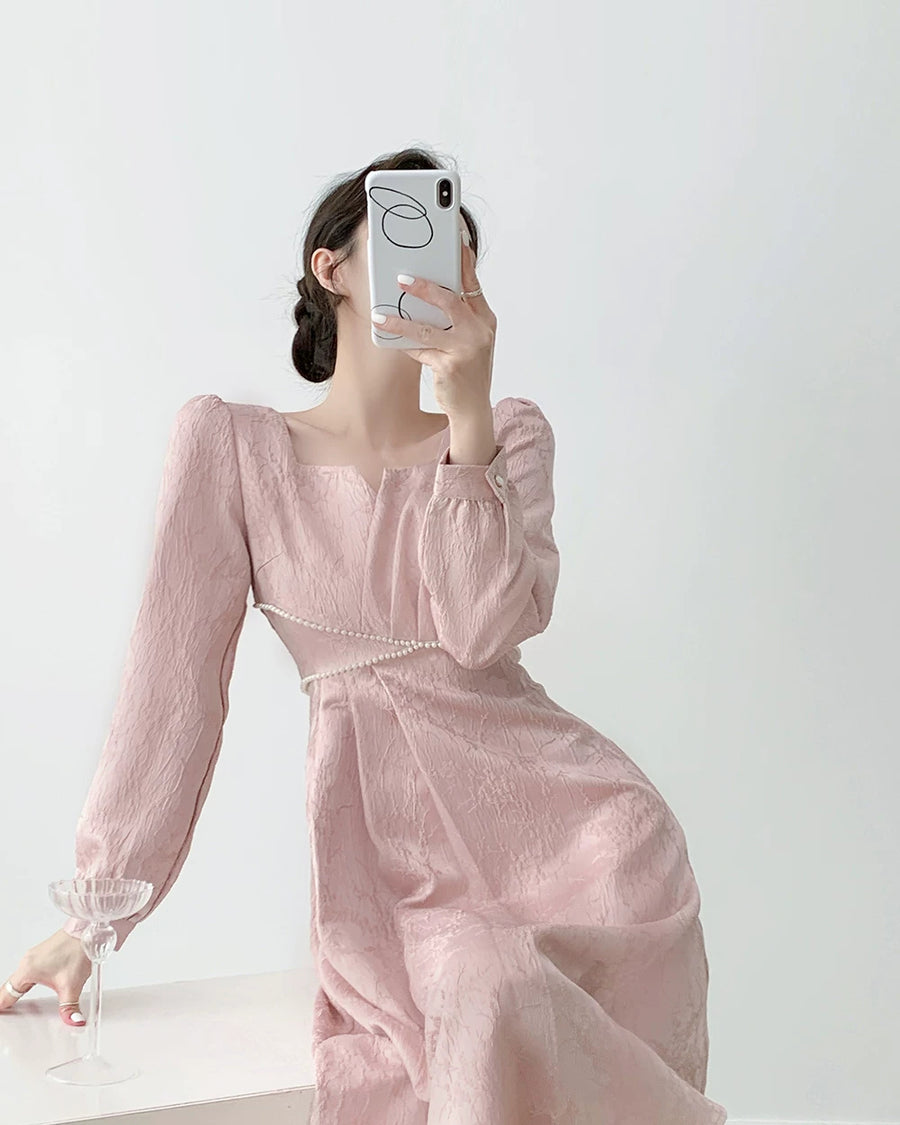 Pink Puff-Sleeve Ruched Midi Dress