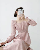 Pink Puff-Sleeve Ruched Midi Dress - garment detail