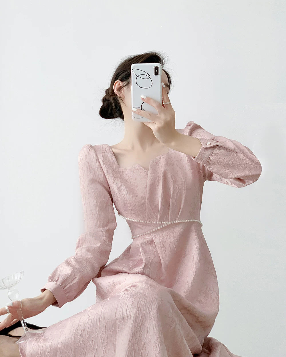 Pink Puff-Sleeve Ruched Midi Dress - garment detail