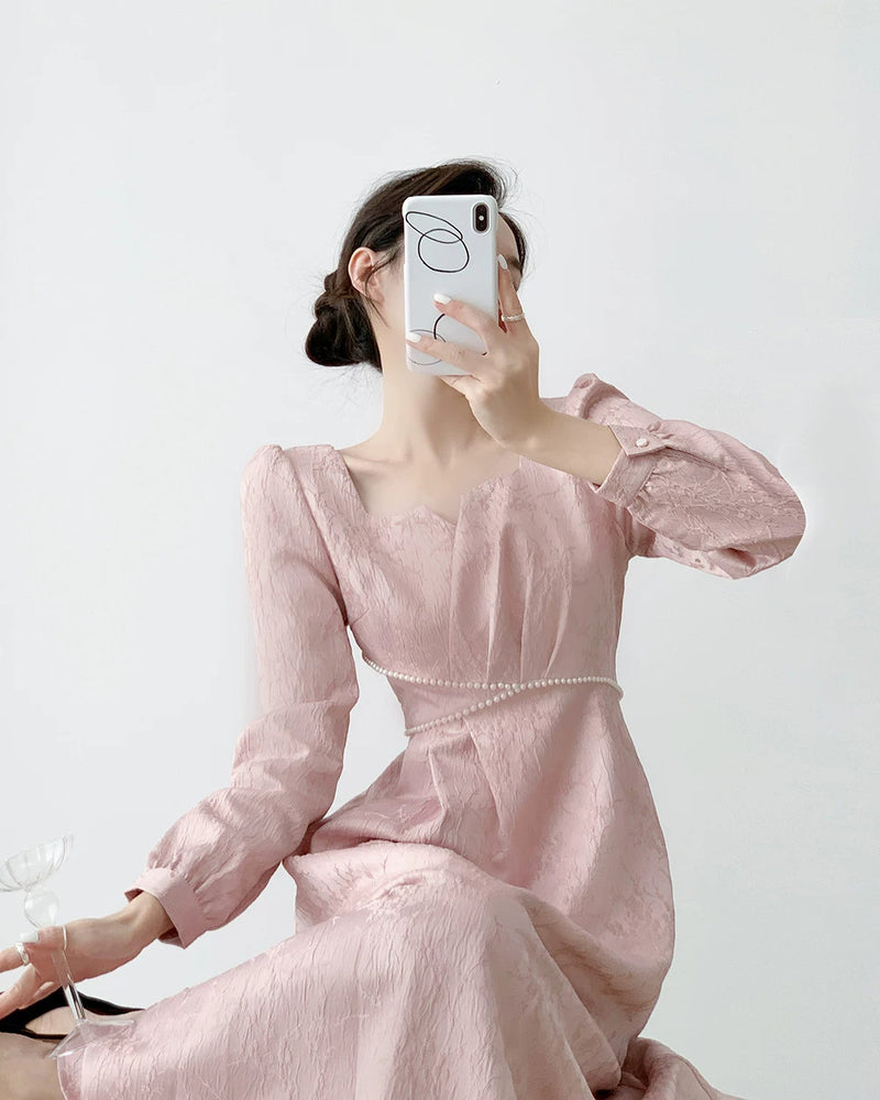 Pink Puff-Sleeve Ruched Midi Dress - garment detail