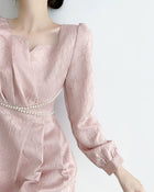 Pink Puff-Sleeve Ruched Midi Dress - garment detail