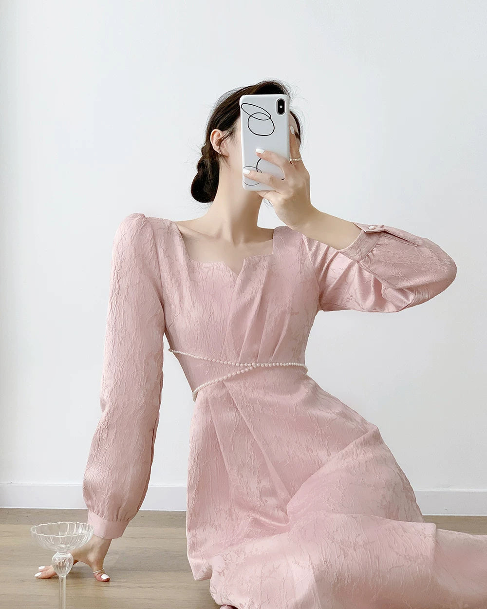 Pink Puff-Sleeve Ruched Midi Dress - garment detail