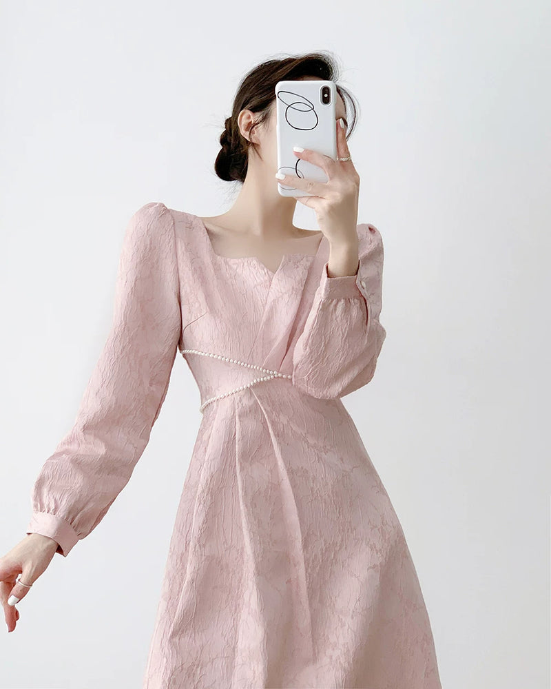 Pink Puff-Sleeve Ruched Midi Dress - garment detail