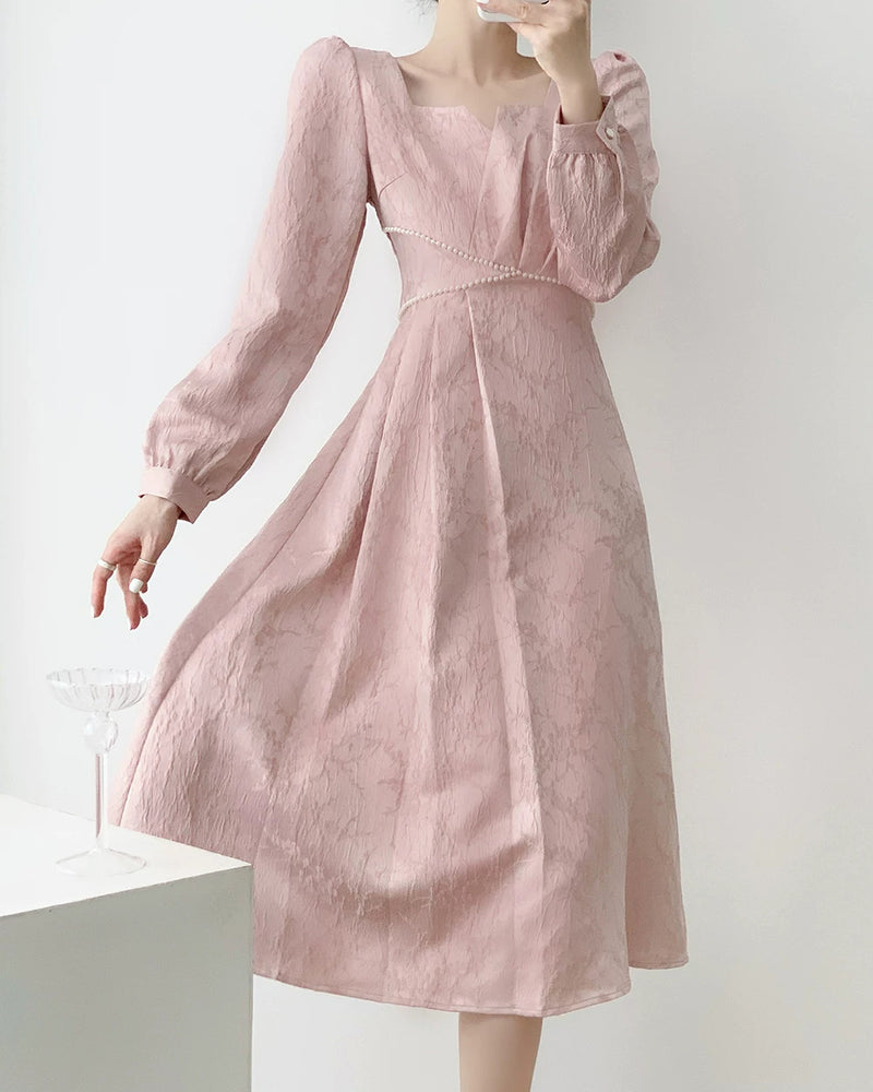 Pink Puff-Sleeve Ruched Midi Dress - garment detail