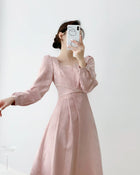 Pink Puff-Sleeve Ruched Midi Dress - garment detail