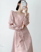 Pink Puff-Sleeve Ruched Midi Dress - garment detail