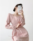 Pink Puff-Sleeve Ruched Midi Dress - garment detail