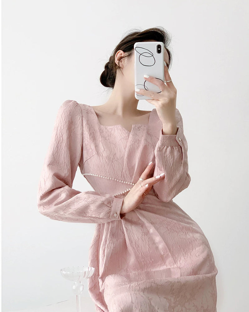 Pink Puff-Sleeve Ruched Midi Dress - garment detail