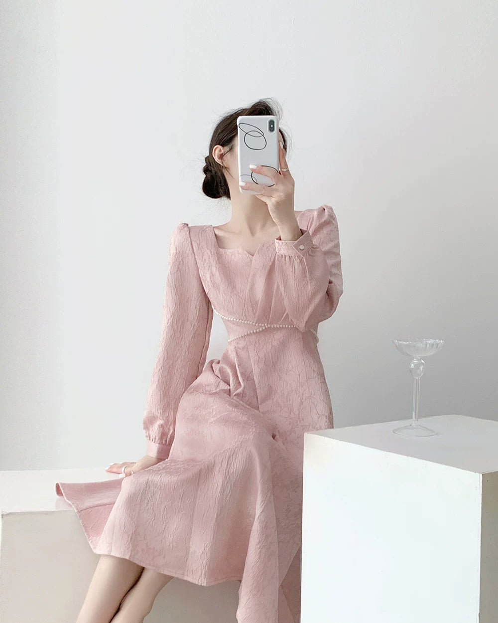 Pink Puff-Sleeve Ruched Midi Dress - garment detail