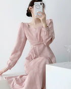 Pink Puff-Sleeve Ruched Midi Dress - garment detail