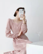 Pink Puff-Sleeve Ruched Midi Dress - garment detail