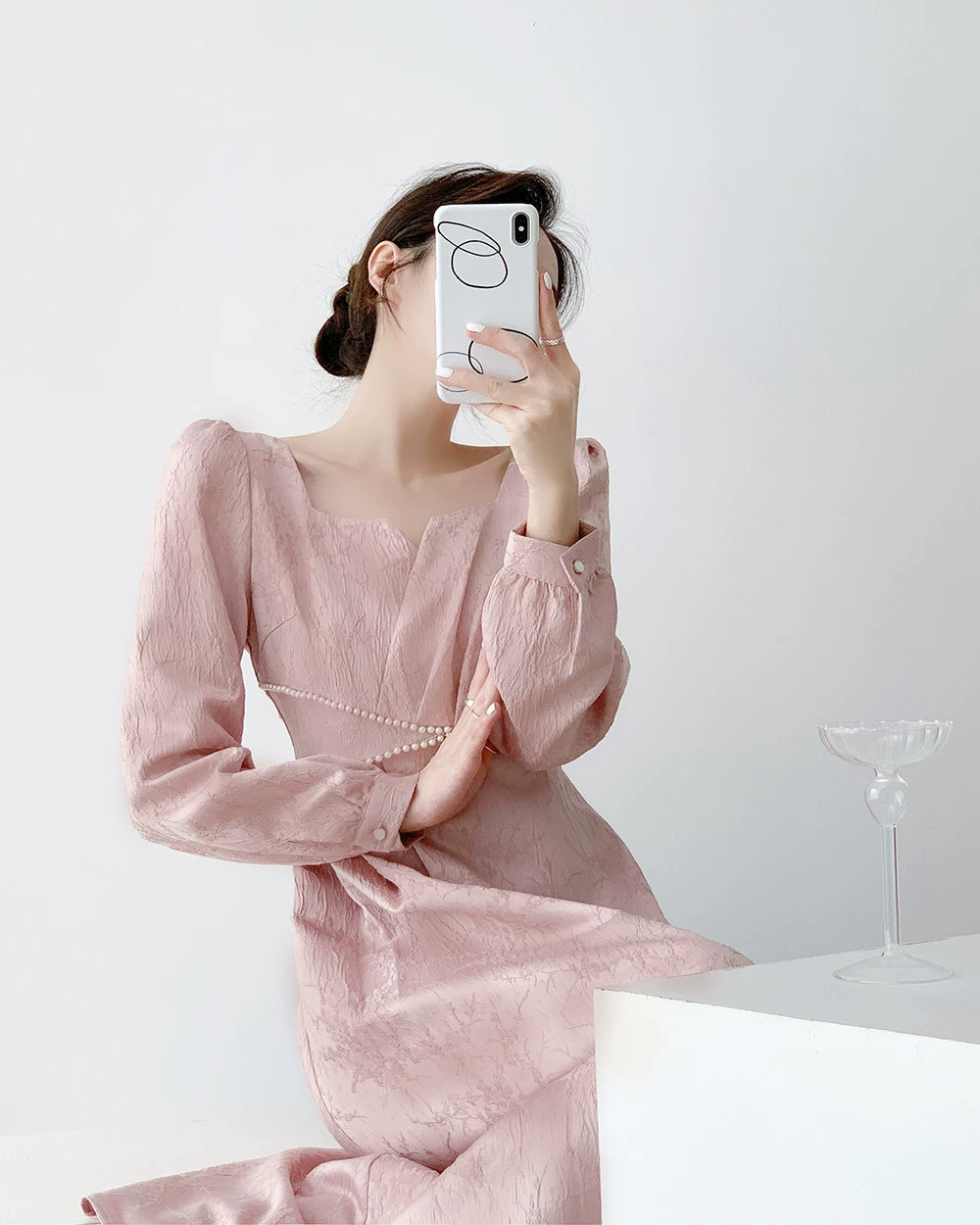 Pink Puff-Sleeve Ruched Midi Dress - garment detail