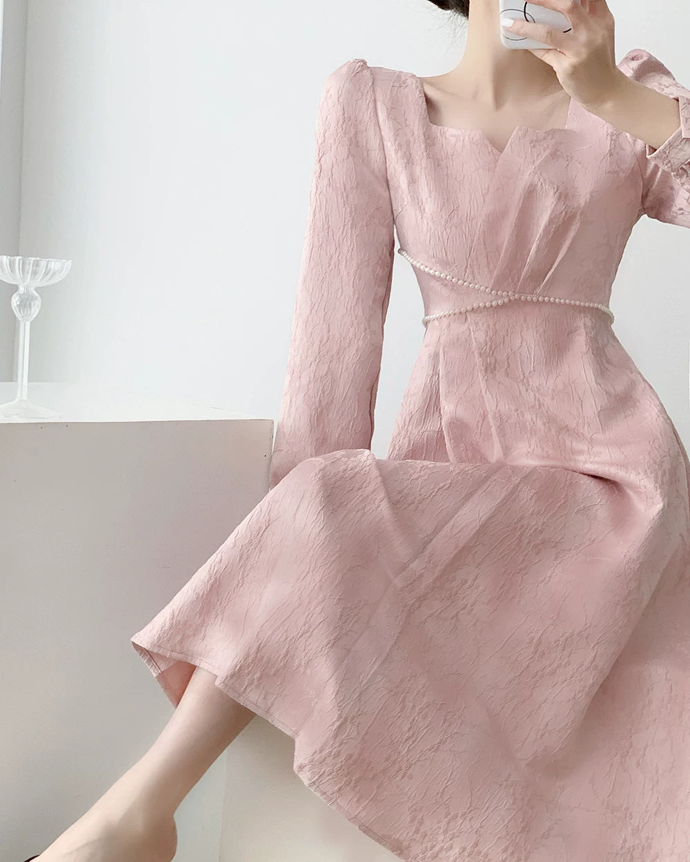 Pink Puff-Sleeve Ruched Midi Dress - garment detail