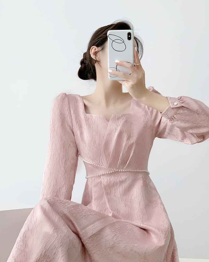 Pink Puff-Sleeve Ruched Midi Dress - garment detail