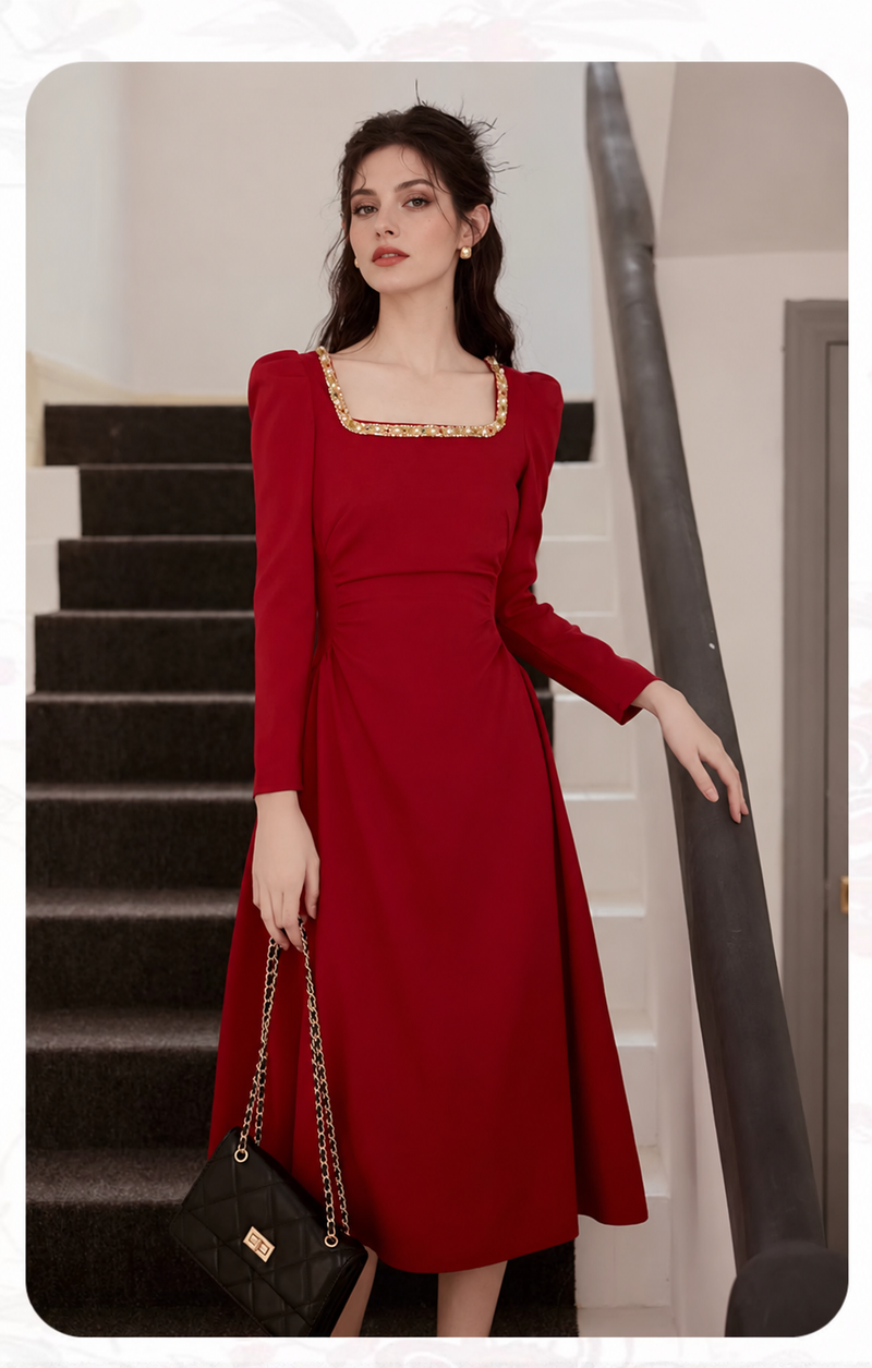 Burgundy Square-Neck Ruched Long-Sleeve Midi Dress - Burgundy