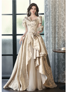 Gold Jacquard Ruffle Bow Maxi Dress - Gold