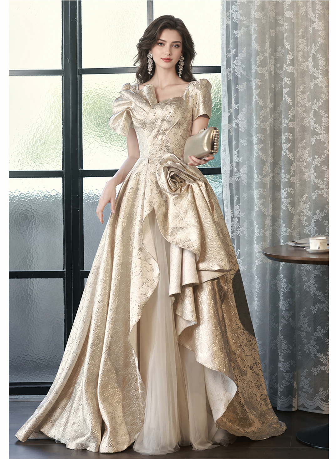 Gold Jacquard Ruffle Bow Maxi Dress - Gold
