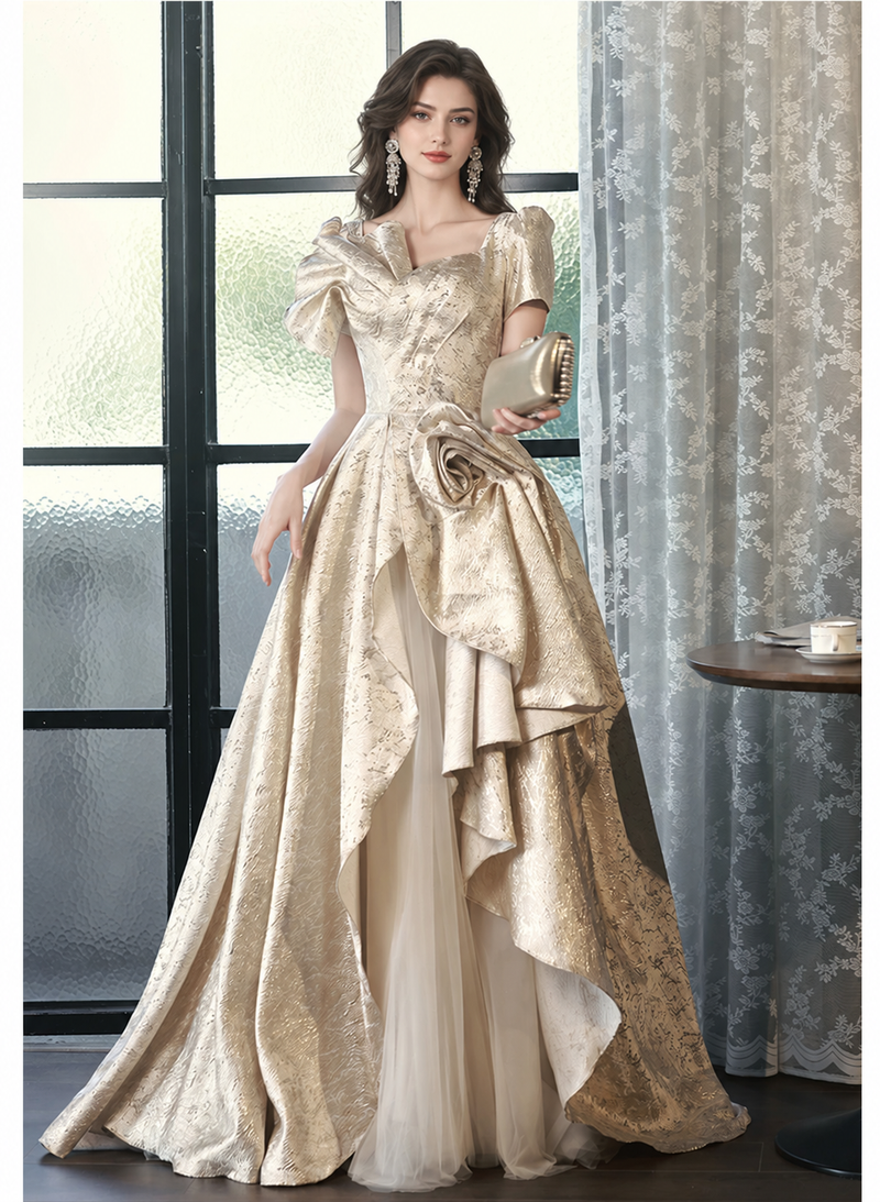 Gold Jacquard Ruffle Bow Maxi Dress - Gold