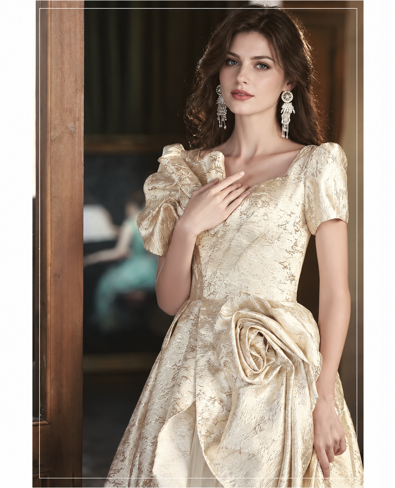 Gold Jacquard Ruffle Bow Maxi Dress - Gold