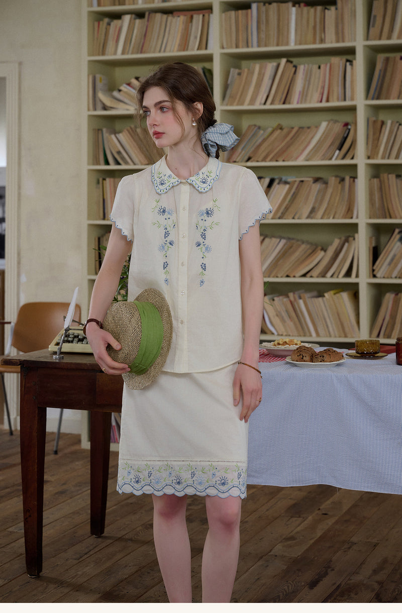 Embroidered Cotton Two-Piece Set Peter Pan Collar Blouse & Midi Skirt