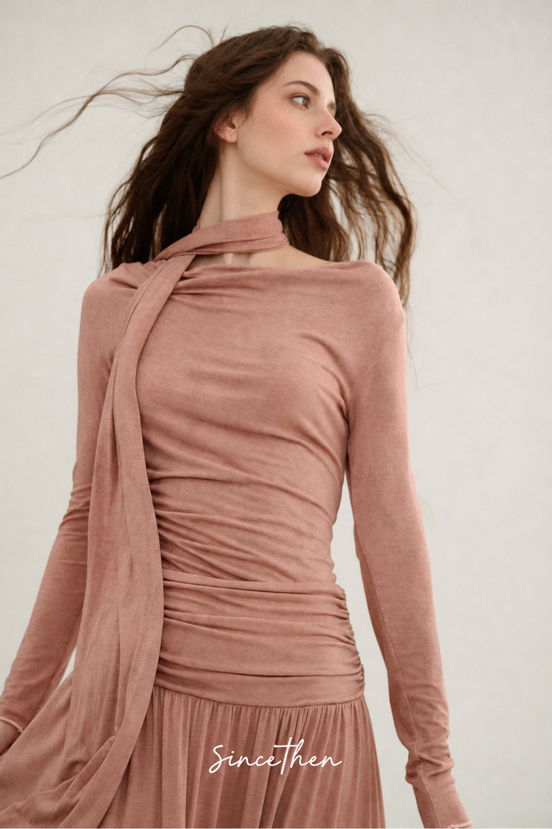Dusty Pink One-Shoulder Ruched Knit Maxi Dress - Dusty Pink
