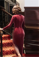 Purple V-Neck Ruched Long-Sleeve Midi Dress - garment detail