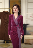 Purple V-Neck Ruched Long-Sleeve Midi Dress - Purple
