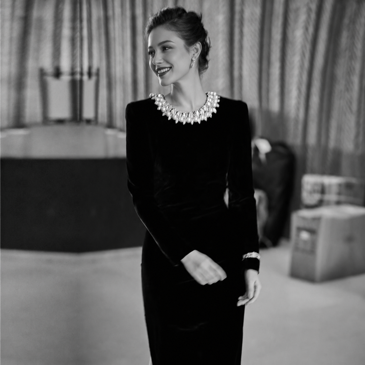 Black Embellished-Neck Velvet Maxi Dress - Black