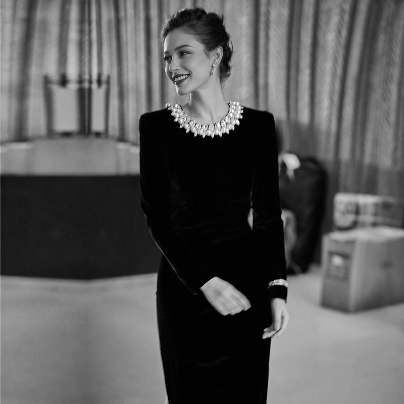 Black Embellished-Neck Velvet Maxi Dress - Black