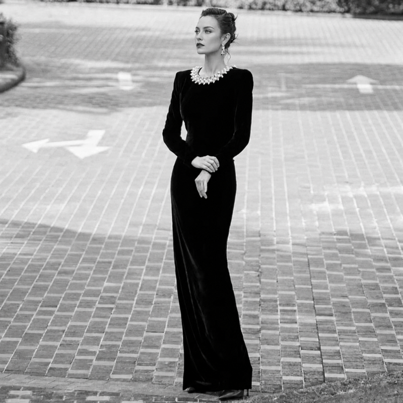 Black Embellished-Neck Velvet Maxi Dress - Black