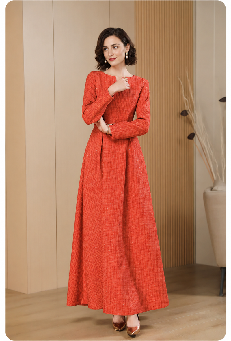 Orange Square-Neck Long-Sleeve A-Line Maxi Dress - Orange Red