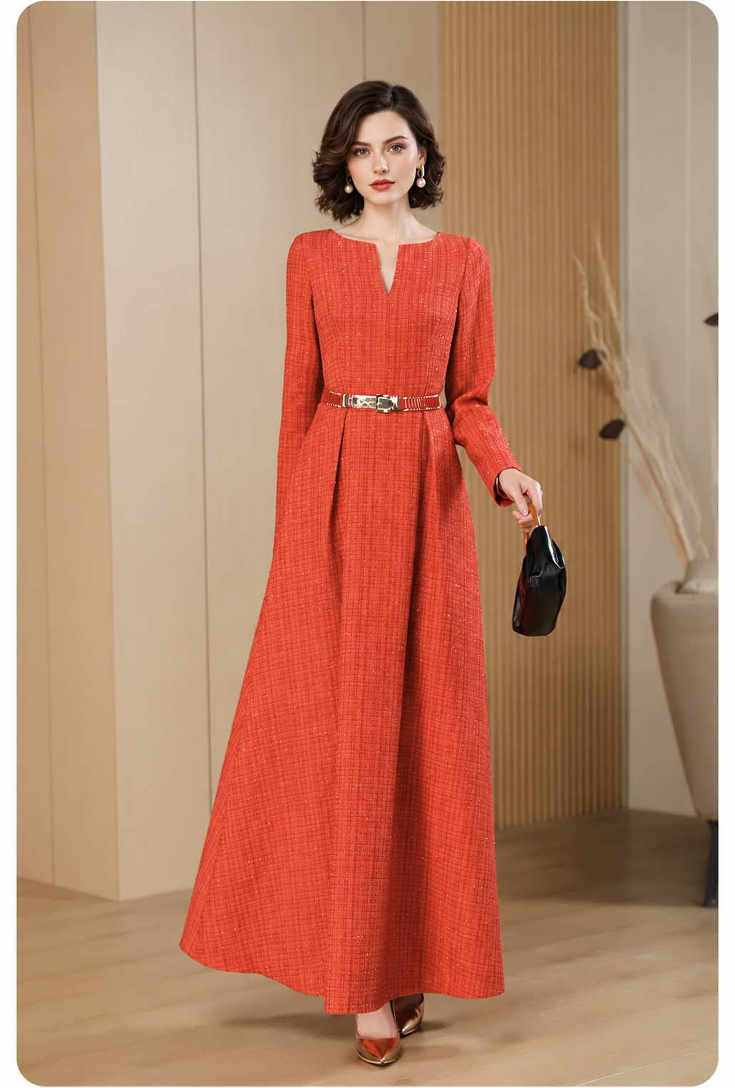 Orange Square-Neck Long-Sleeve A-Line Maxi Dress - Orange Red