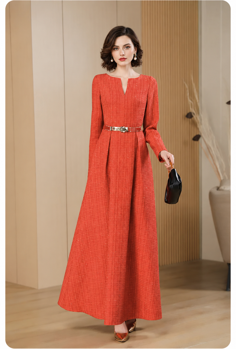 Orange Square-Neck Long-Sleeve A-Line Maxi Dress - Orange Red