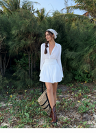 Long-Sleeve Collared A-Line Shirt Mini Dress, white, front view