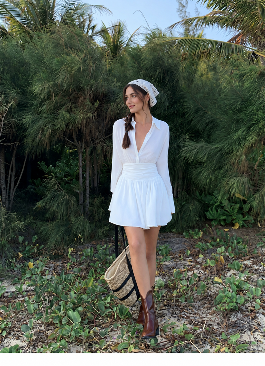Long-Sleeve Collared A-Line Shirt Mini Dress
