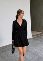 Long-Sleeve Collared A-Line Shirt Mini Dress, black, front view