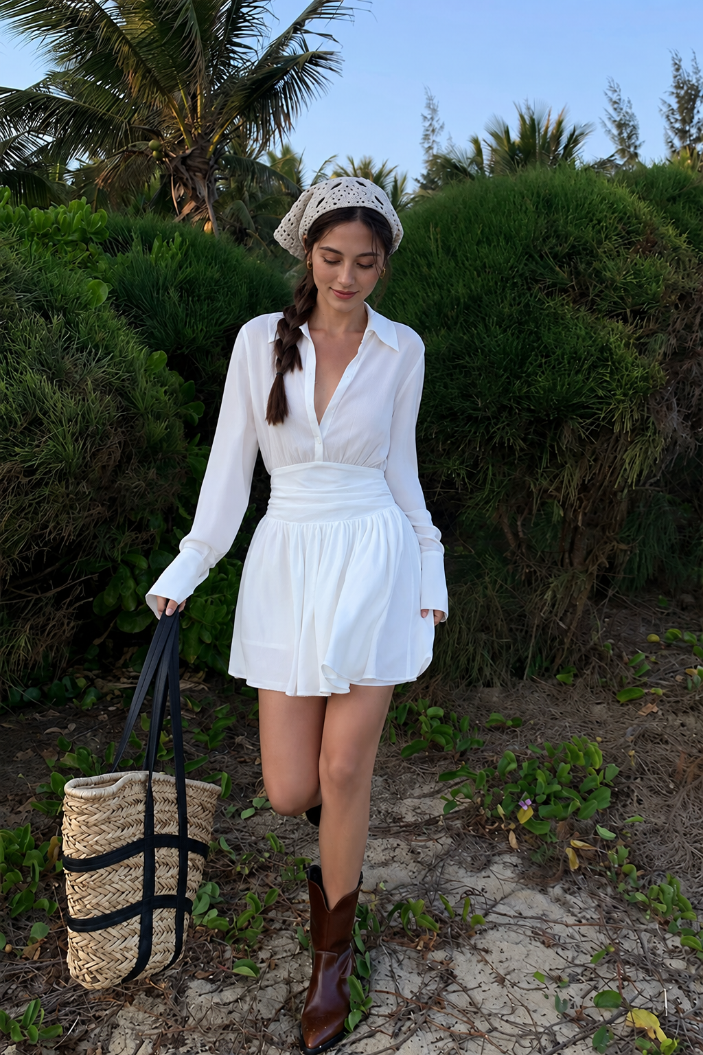 Long-Sleeve Collared A-Line Shirt Mini Dress, white, additional view