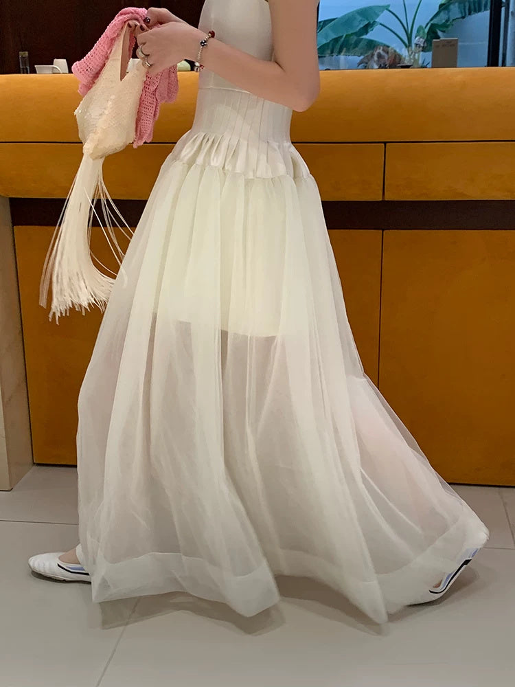 White Tulle A-Line Spaghetti-Strap Maxi Dress - garment detail