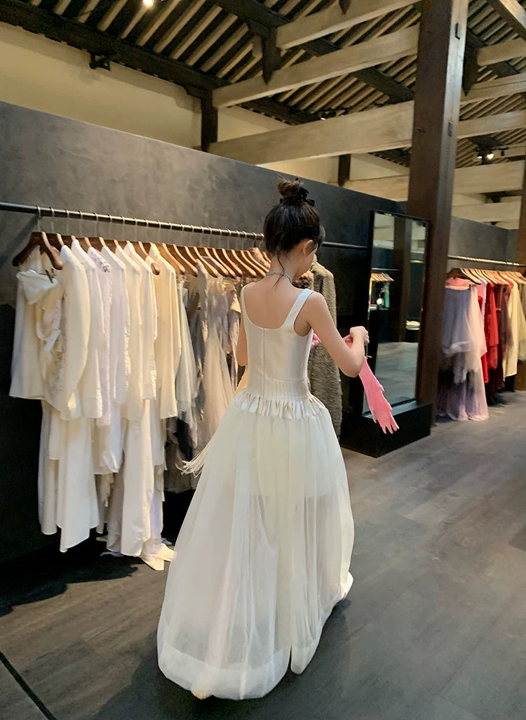 White Tulle A-Line Spaghetti-Strap Maxi Dress - garment detail