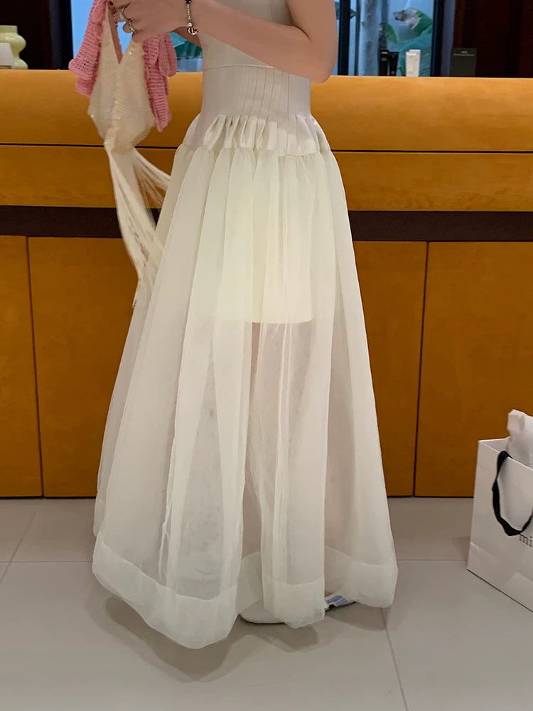 White Tulle A-Line Spaghetti-Strap Maxi Dress - garment detail