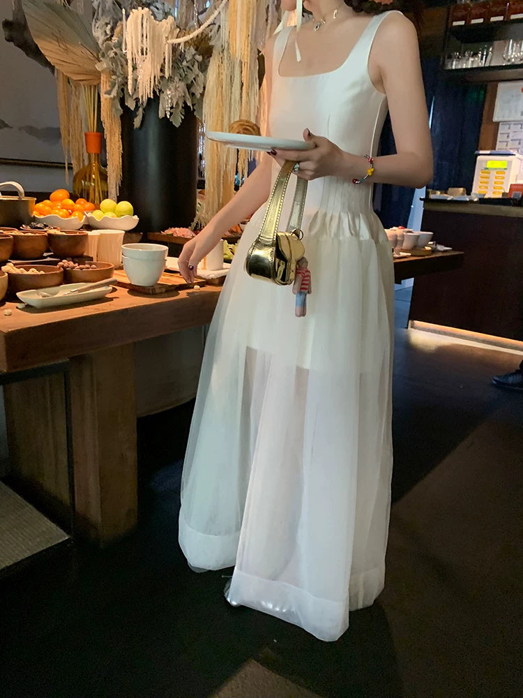 White Tulle A-Line Spaghetti-Strap Maxi Dress - garment detail