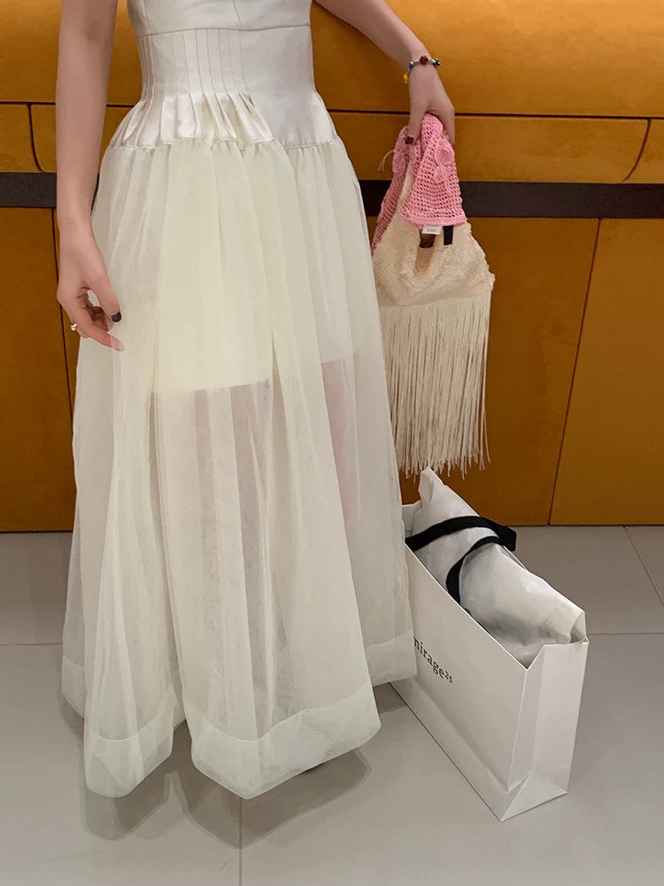 White Tulle A-Line Spaghetti-Strap Maxi Dress - garment detail