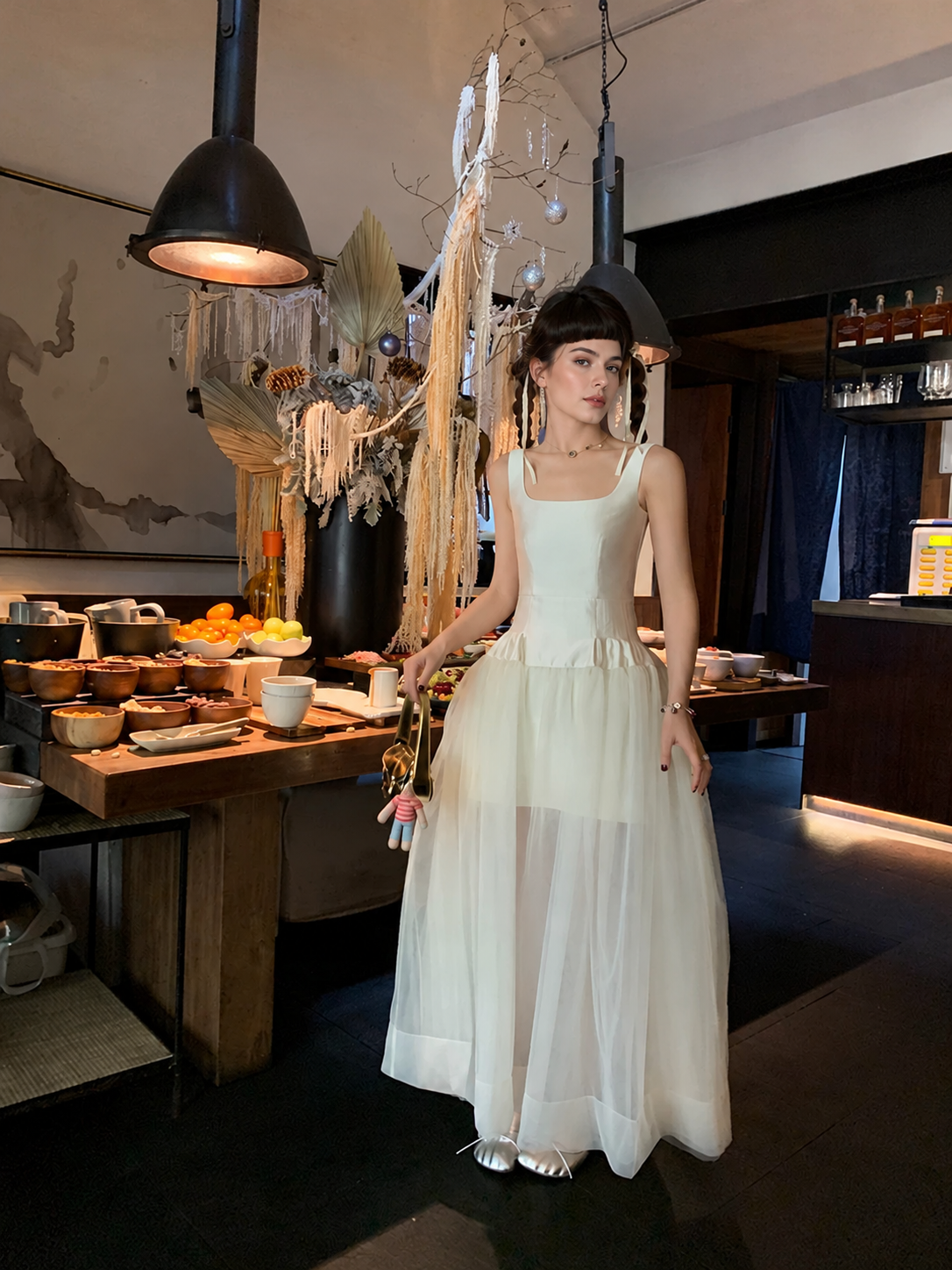 White Tulle A-Line Spaghetti-Strap Maxi Dress - White