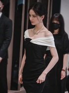 Black Contrast-Neck Off-Shoulder Evening Gown - Black and White