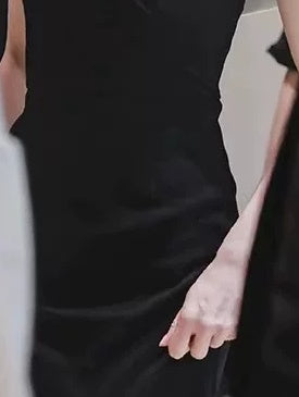 Black Contrast-Neck Off-Shoulder Evening Gown - garment detail