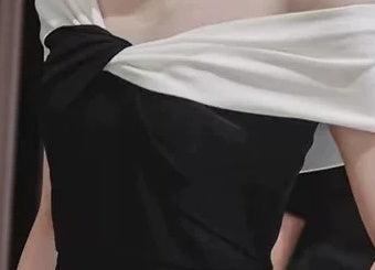 Black Contrast-Neck Off-Shoulder Evening Gown - garment detail