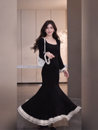 Black Contrast-Trim Bell-Sleeve Mermaid Maxi Dress - Black