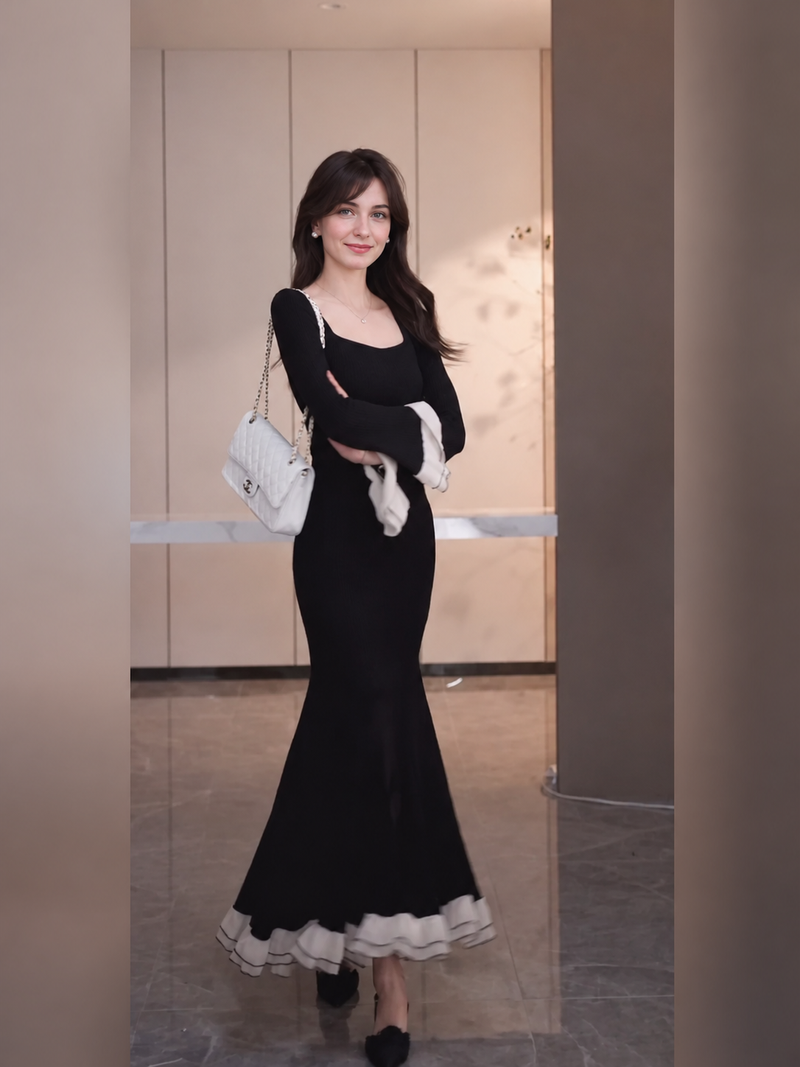 Black Contrast-Trim Bell-Sleeve Mermaid Maxi Dress - Black
