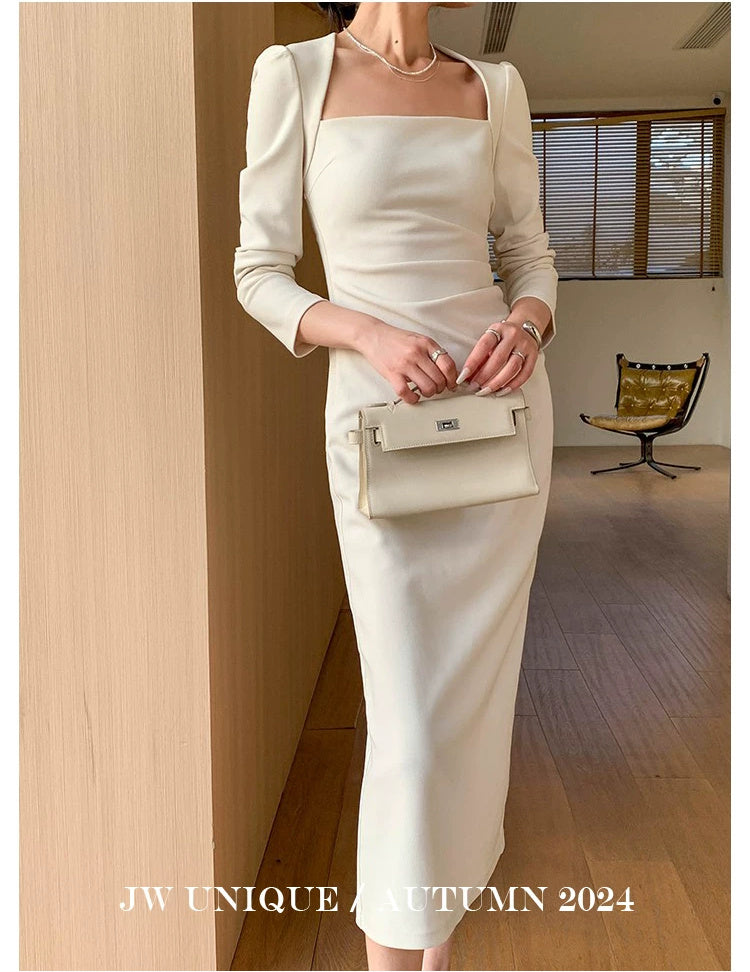 Square-Neck Long-Sleeve Midi Dress - front view