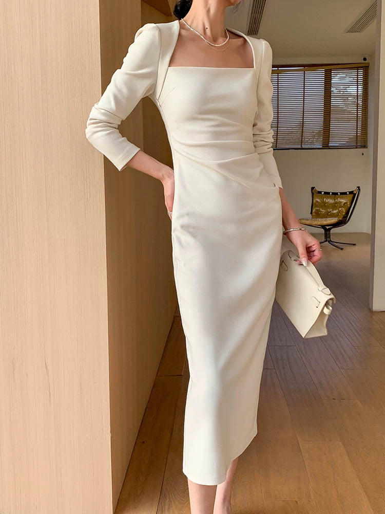 Square-Neck Long-Sleeve Midi Dress - garment detail